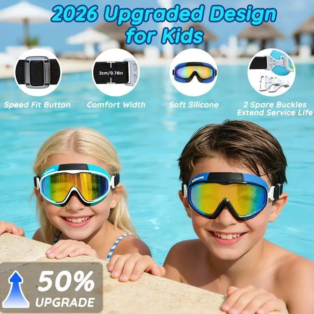 Alt view image 2 of 7 - 2PC Kids Swim Goggles with Comfort Fabric Strap, Swimming Goggles with UV Protection & Anti-Fog Lens, No Leaking & Wide View Pool Beach Goggles Glasses for Toddler Youth Teen Boys Girls 3-10
