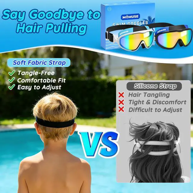 Alt view image 3 of 7 - 2PC Kids Swim Goggles with Comfort Fabric Strap, Swimming Goggles with UV Protection & Anti-Fog Lens, No Leaking & Wide View Pool Beach Goggles Glasses for Toddler Youth Teen Boys Girls 3-10