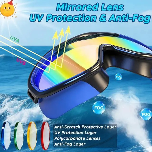 Alt view image 4 of 7 - 2PC Kids Swim Goggles with Comfort Fabric Strap, Swimming Goggles with UV Protection & Anti-Fog Lens, No Leaking & Wide View Pool Beach Goggles Glasses for Toddler Youth Teen Boys Girls 3-10
