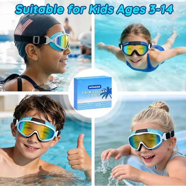 Alt view image 7 of 7 - 2PC Kids Swim Goggles with Comfort Fabric Strap, Swimming Goggles with UV Protection & Anti-Fog Lens, No Leaking & Wide View Pool Beach Goggles Glasses for Toddler Youth Teen Boys Girls 3-10