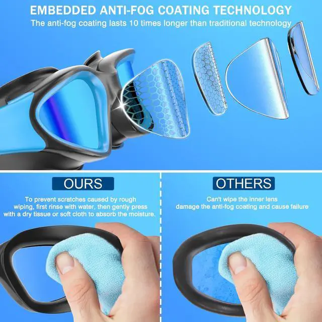 Alt view image 3 of 6 - Pack Swim Goggles, Tenfold Long-Lasting Anti Fog Swimming Goggles for Adult Men Women No Leakage With Nose Clip Earplugs
