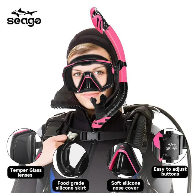 Alt view image 2 of 7 - Dry Scuba Snorkel Diving Mask Set with Nose Cover Tempered Glass,180° Wide View Vision, Leak-Proof, Snorkeling Gear for Adults Men, Women & Youth, Perfect for Snorkeling and Diving