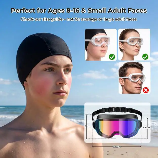 Alt view image 2 of 7 - Pack Swim Goggles for Youth&Adults(Small Faces),Frameless Wide View No-Leaking, Anti-Fog/UV for Teens Swimming