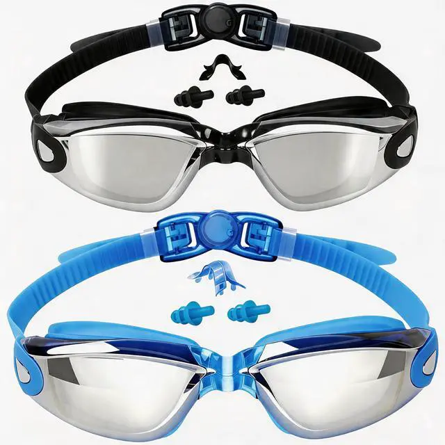 Main image of Kids Swim Goggles, Pack of 2 Swimming Goggles for Children Teens, Anti-Fog Anti-UV Youth Swim Glasses Leak Proof for Age4-16, Mirrored Blue & Black, Portable