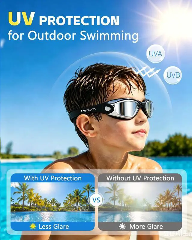 Alt view image 5 of 7 - Kids Swim Goggles, Pack of 2 Swimming Goggles for Children Teens, Anti-Fog Anti-UV Youth Swim Glasses Leak Proof for Age4-16, Mirrored Blue & Black, Portable