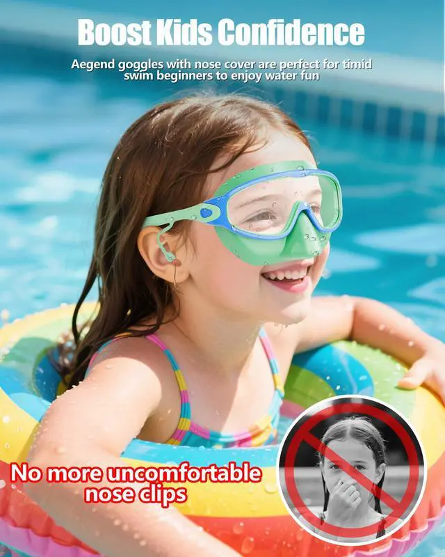 Alt view image 2 of 7 - Swim Goggles with Nose Cover, 2 Pack Wide View Swimming Goggles for Kids 3-14 Anti-Fog/UV No Leak Swim Mask Boys Girls Youth Toddler