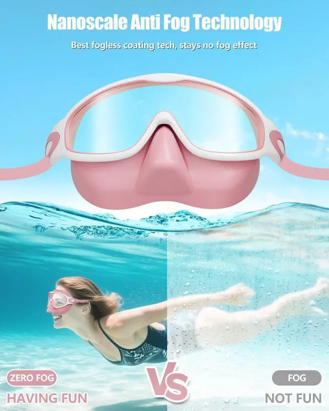 Alt view image 5 of 7 - Swim Goggles with Nose Cover, 2 Pack Wide View Swimming Goggles for Kids 3-14 Anti-Fog/UV No Leak Swim Mask Boys Girls Youth Toddler