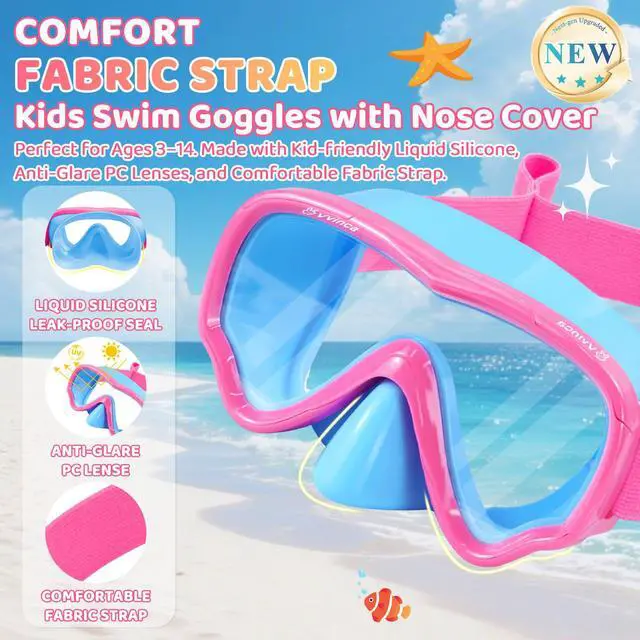 Alt view image 2 of 7 - Kids Swim Goggles with Nose Cover, Snorkel Diving Mask Fabric Strap Anti Fog Anti Shattered Lens Goggles for Kids 3-15