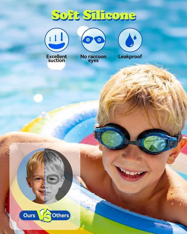 Alt view image 5 of 7 - 2 Pack Kids Goggles, Swimming Goggles for Kids Age 4-16 Boys and Girls Youth, Anti-Fog Pool Goggles, Blue Black