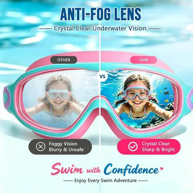 Alt view image 2 of 6 - Kids Swim Goggles 2 Pack, Large Frame Wide View Anti Fog Swimming Goggles for Boys and Girls 3-16 with No Leak & UV Protection, Youth Pool Beach Goggles Essentials