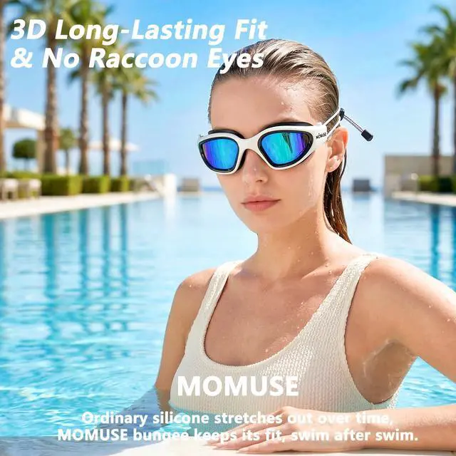 Alt view image 5 of 7 - E Adult Swim Goggles with Comfortable Bungee Strap, UV Protection, No Hair Pulling Anti-Fog Swimming Goggles for Men Women, Wide View for Pool Beach Play Training