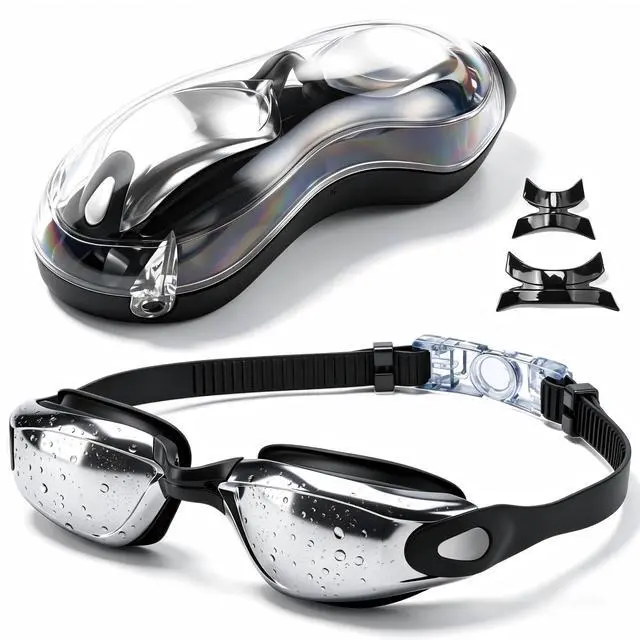 Main image of Adult Swim Goggles, UV Block Anti Fog Leakproof Silicone Goggles, 180° Wide View Quick Adjust Strap with 3 Swapable Nose Pieces for Pool & Snorkeling, Black Silver