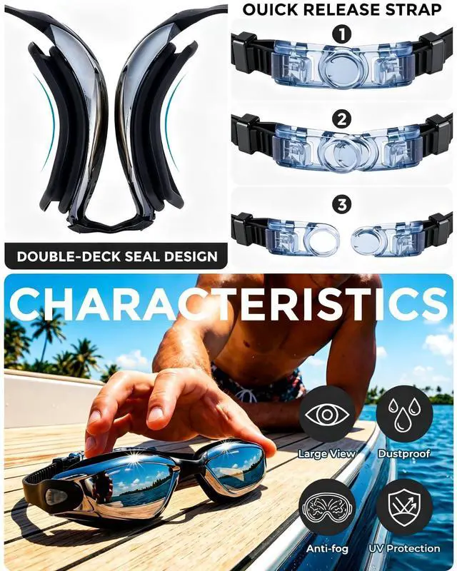 Alt view image 3 of 7 - Adult Swim Goggles, UV Block Anti Fog Leakproof Silicone Goggles, 180° Wide View Quick Adjust Strap with 3 Swapable Nose Pieces for Pool & Snorkeling, Black Silver