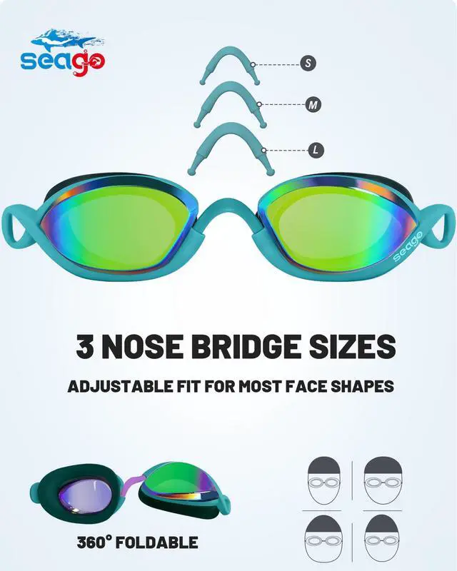 Alt view image 5 of 7 - Pack Professional Racing Goggles Swimming Adult Men Women Youth, Anti-Fog UV Protection Clear View Mirrored Coating, 360° Foldable Adjustable Nose Bridge Suitable for Competition & Training