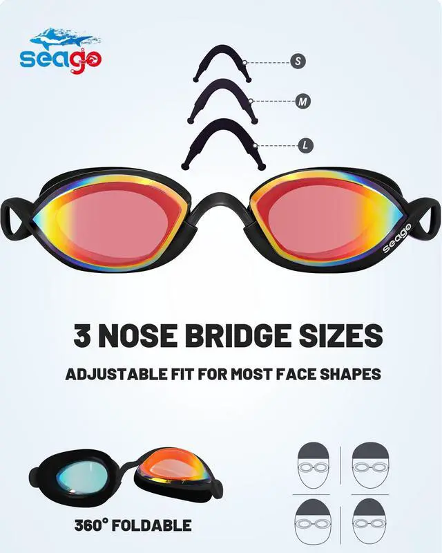 Alt view image 5 of 7 - 2 Pack Professional Racing Goggles Swimming Adult Men Women Youth, Anti-Fog UV Protection Clear View Mirrored Coating, 360° Foldable Adjustable Nose Bridge Suitable for Competition & Training