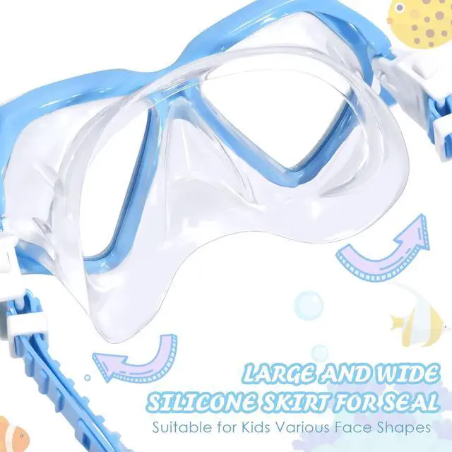 Alt view image 4 of 7 - Kids Swim Goggles with Nose Cover Snorkel Mask Scuba Diving Swim Mask Anti-Fog Tempered Glass, Panoramic Clear View Silicone Seal Snorkeling Gear Swimming Goggles for Kids 6-14 Boys Girls Youth