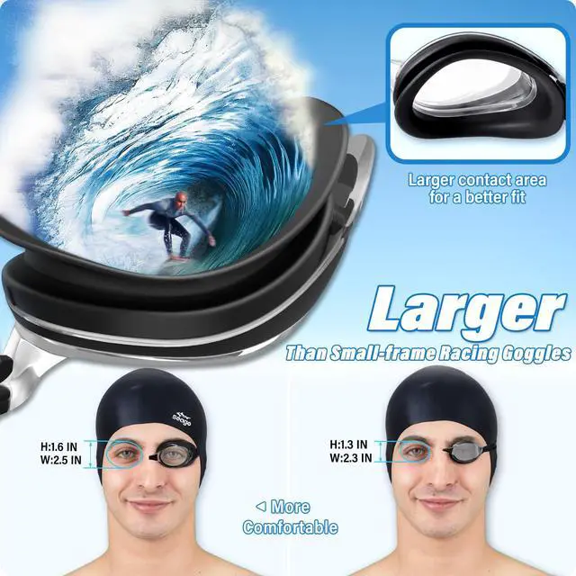 Alt view image 5 of 7 - Swimming Goggles 2 Pack Anti Fog Goggles Swimming UV Protection Fit for Adult Men Women Youth Junior, No Leaking Soft Silicone Seal Flat Lens Clear Vision, 3 Sizes of Nose Bridge