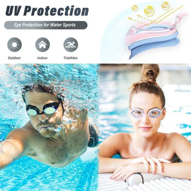 Alt view image 6 of 7 - Swimming Goggles 2 Pack Anti Fog Goggles Swimming UV Protection Fit for Adult Men Women Youth Junior, No Leaking Soft Silicone Seal Flat Lens Clear Vision, 3 Sizes of Nose Bridge