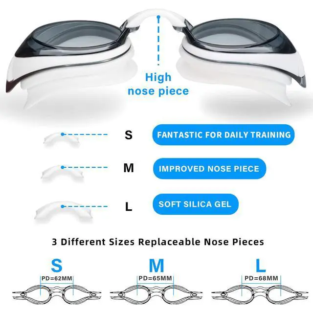 Alt view image 2 of 7 - Shortsighted Swimming Goggles Nearsighted Swim Goggles Anti Fog UV Protection Fit for Adult Men Women Youth Junior, No Leaking Clear Vision Pool Swim Glasses Tinted Flat Lens with 3 Nose Pieces