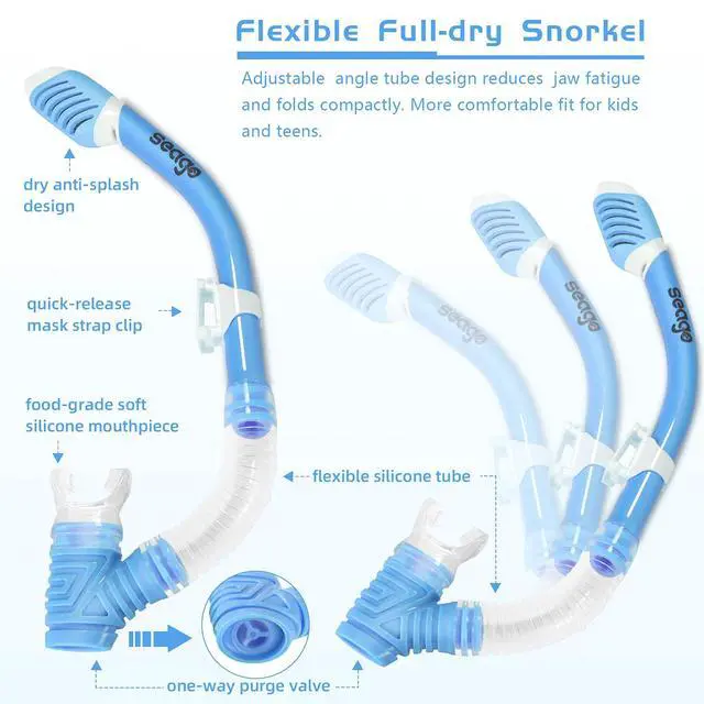 Alt view image 6 of 7 - Kids Snorkel Set Dry Top Snorkel Mask Snorkeling Gear for Kids Boys Girls Youth, No Leak Comfy Mouthpiece Anti-Fog 180° Panoramic View Scuba Diving Swim Pool Equipment Snorkeling Kit