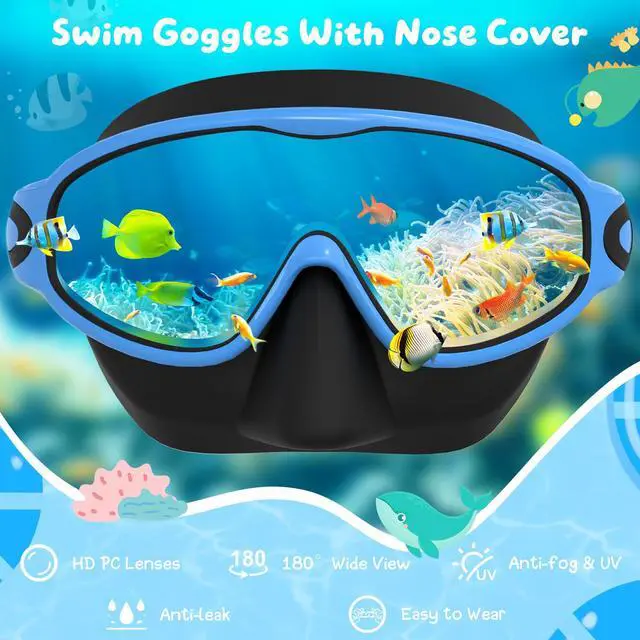 Alt view image 3 of 7 - 2 Pack Kids Swim Goggles with Nose Cover, Anti-Fog UV Protection Swimming Goggles for Kids Youth 3-12 Wide View,Adjustable Strap