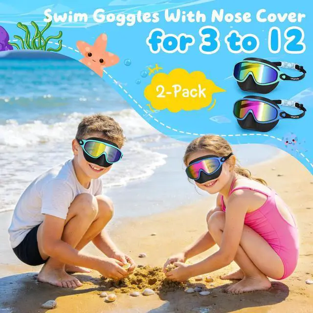 Alt view image 2 of 7 - 2 Pack Kids Swim Goggles with Nose Cover, Anti-Fog UV Protection Swimming Goggles for Kids Youth 3-12 Wide View,Adjustable Strap