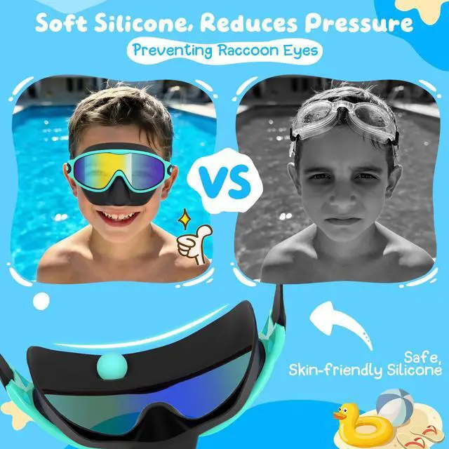 Alt view image 4 of 7 - 2 Pack Kids Swim Goggles with Nose Cover, Anti-Fog UV Protection Swimming Goggles for Kids Youth 3-12 Wide View,Adjustable Strap