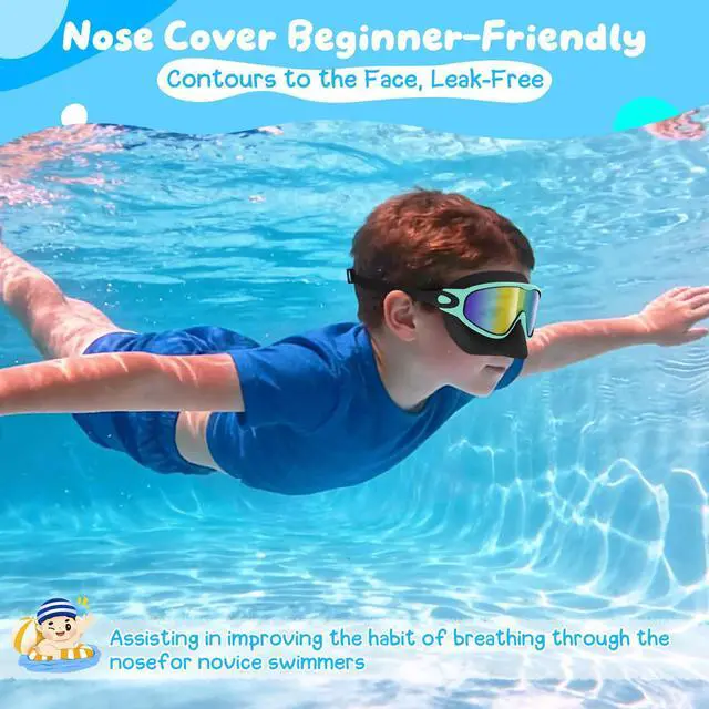 Alt view image 6 of 7 - 2 Pack Kids Swim Goggles with Nose Cover, Anti-Fog UV Protection Swimming Goggles for Kids Youth 3-12 Wide View,Adjustable Strap