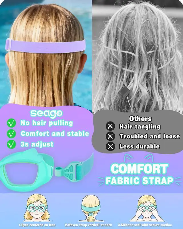 Alt view image 3 of 6 - 2 Pack Kids Swimming Goggles for 4-7 3-5 3-6 6-14 8-12, Anti Fog Swim Goggles for Toddler Boys UV Protection No Leak 180° Clear View, Girls Pool Beach Goggles for 2 3 4 years with Fabric Strap