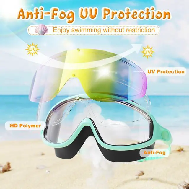 Alt view image 3 of 6 - 2 Pack Swim Goggles for Kids 6-14, Swimming Pool Goggles for Kids 8-14, Anti-Fog UV Protection for Toddler Youth Teens Boys Girls 6-14, 180°Wide View No Leaking for Pool Beach