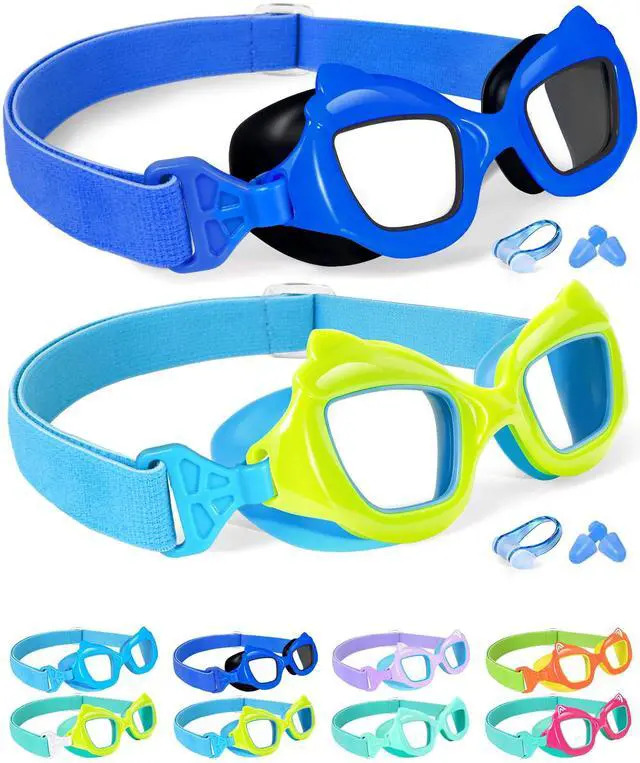Main image of 2 Pack Swimming Kids Swim Goggles for 3-5 3-6 4-7 6-14 8-12, Girls Boys Toddler Goggles Anti-Fog No Leak 180° Clear View Pool for 2 3 4 5 Years Blue & Green with Fabric Strap UV Protection