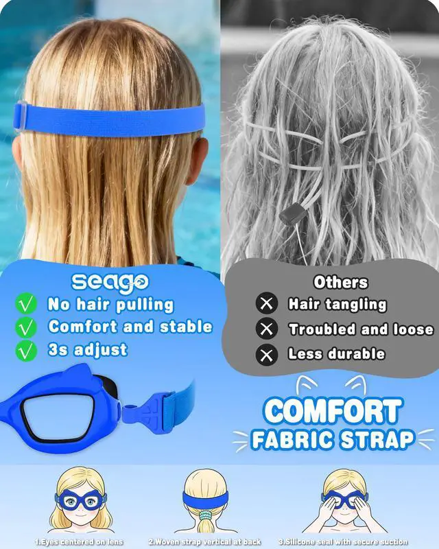 Alt view image 3 of 7 - 2 Pack Swimming Kids Swim Goggles for 3-5 3-6 4-7 6-14 8-12, Girls Boys Toddler Goggles Anti-Fog No Leak 180° Clear View Pool for 2 3 4 5 Years Blue & Green with Fabric Strap UV Protection
