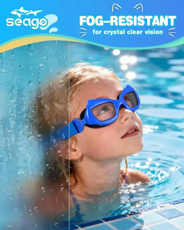 Alt view image 2 of 7 - 2 Pack Swimming Kids Swim Goggles for 3-5 3-6 4-7 6-14 8-12, Girls Boys Toddler Goggles Anti-Fog No Leak 180° Clear View Pool for 2 3 4 5 Years Blue & Green with Fabric Strap UV Protection