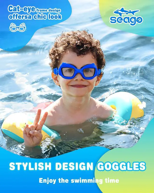 Alt view image 6 of 7 - 2 Pack Swimming Kids Swim Goggles for 3-5 3-6 4-7 6-14 8-12, Girls Boys Toddler Goggles Anti-Fog No Leak 180° Clear View Pool for 2 3 4 5 Years Blue & Green with Fabric Strap UV Protection