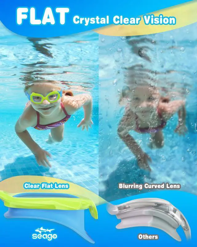 Alt view image 4 of 7 - 2 Pack Swimming Kids Swim Goggles for 3-5 3-6 4-7 6-14 8-12, Girls Boys Toddler Goggles Anti-Fog No Leak 180° Clear View Pool for 2 3 4 5 Years Blue & Green with Fabric Strap UV Protection