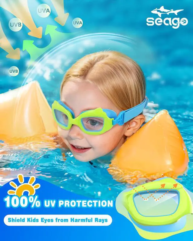 Alt view image 7 of 7 - 2 Pack Swimming Kids Swim Goggles for 3-5 3-6 4-7 6-14 8-12, Girls Boys Toddler Goggles Anti-Fog No Leak 180° Clear View Pool for 2 3 4 5 Years Blue & Green with Fabric Strap UV Protection