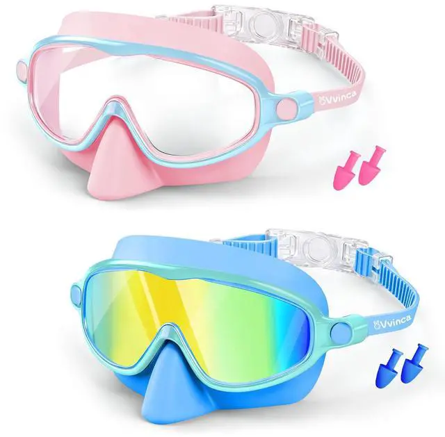 Main image of 2 Pack Kids Swim Goggles with Nose Cover, Wide View Anti-Fog UV Protection Swimming Mask for Boys Girls Ages 3-14