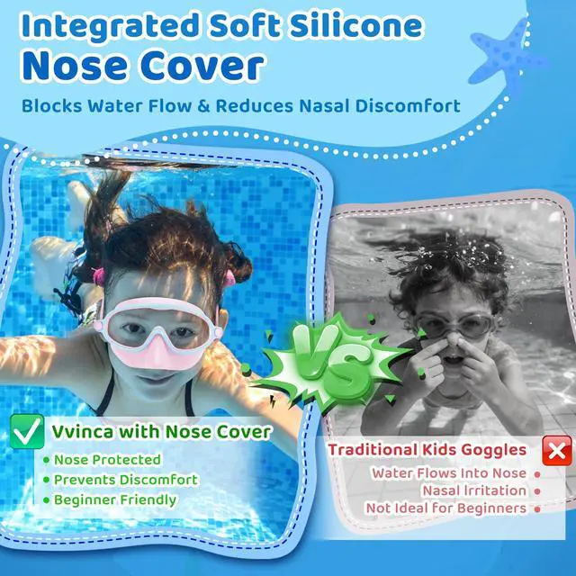 Alt view image 3 of 7 - 2 Pack Kids Swim Goggles with Nose Cover, Wide View Anti-Fog UV Protection Swimming Mask for Boys Girls Ages 3-14