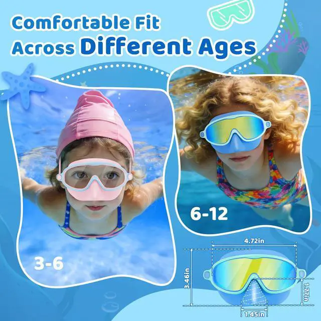 Alt view image 6 of 7 - 2 Pack Kids Swim Goggles with Nose Cover, Wide View Anti-Fog UV Protection Swimming Mask for Boys Girls Ages 3-14