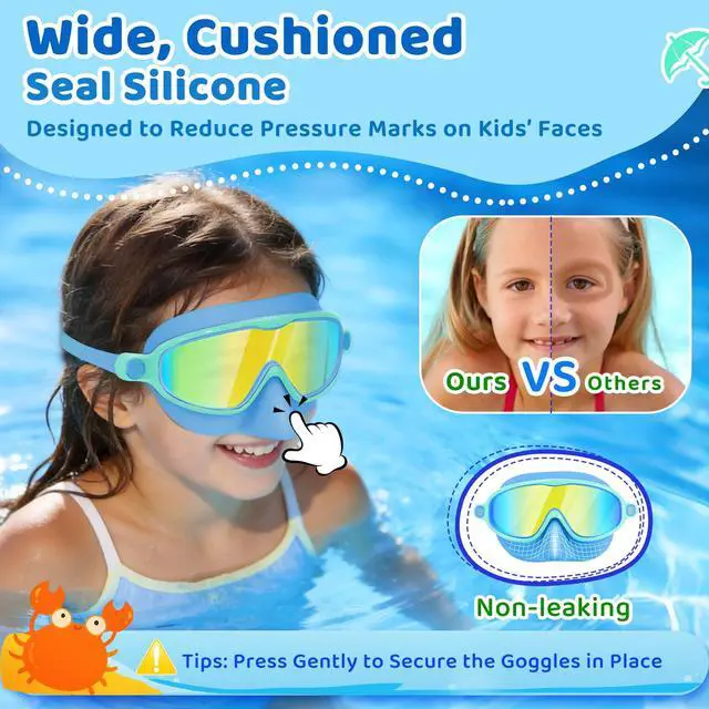 Alt view image 4 of 7 - 2 Pack Kids Swim Goggles with Nose Cover, Wide View Anti-Fog UV Protection Swimming Mask for Boys Girls Ages 3-14