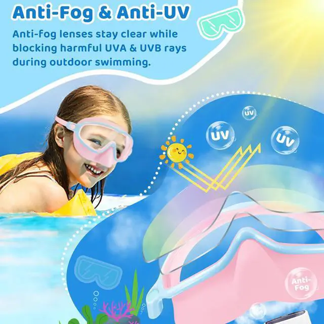 Alt view image 5 of 7 - 2 Pack Kids Swim Goggles with Nose Cover, Wide View Anti-Fog UV Protection Swimming Mask for Boys Girls Ages 3-14