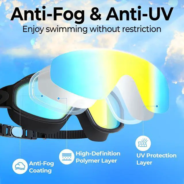 Alt view image 3 of 7 - Adult Swim Goggles 2 Pack, 180° Wide View Anti-Fog Pool Water Goggles Swimming Adult UV Protection No leaking Swim Glasses Waterproof for Men Women Youth Pool Beach Open Water