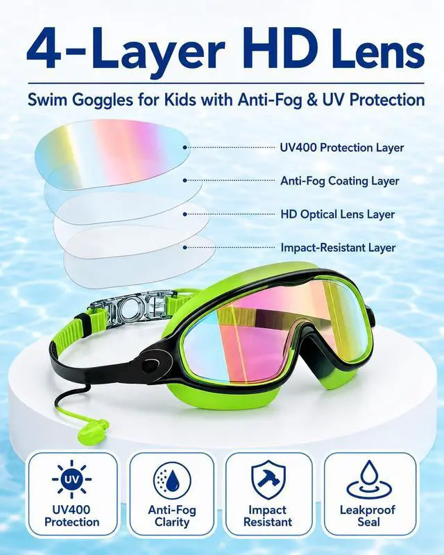 Alt view image 2 of 7 - Kids Swim Goggles 2 Pack with kids Swim Cap, Anti Fog UV Protection Wide View Youth Swim Goggles for kids 6-14