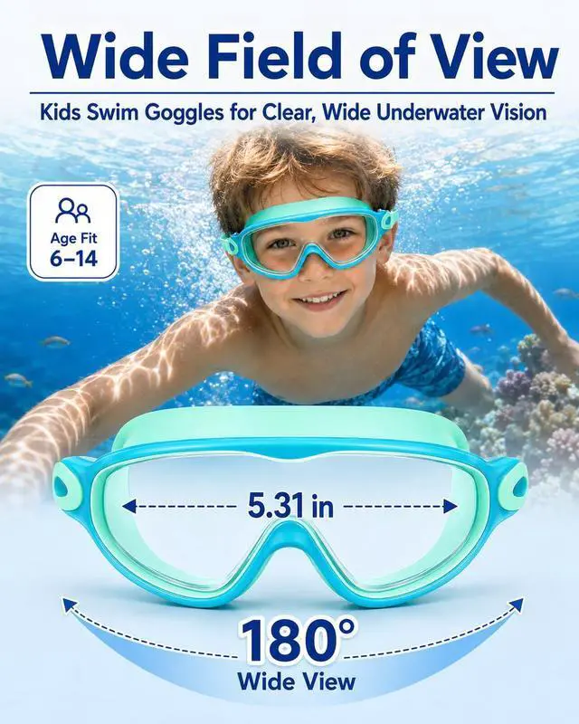 Alt view image 3 of 7 - Kids Swim Goggles 2 Pack with kids Swim Cap, Anti Fog UV Protection Wide View Youth Swim Goggles for kids 6-14