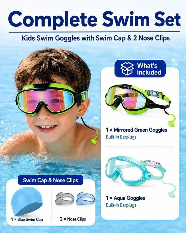 Alt view image 4 of 7 - Kids Swim Goggles 2 Pack with kids Swim Cap, Anti Fog UV Protection Wide View Youth Swim Goggles for kids 6-14