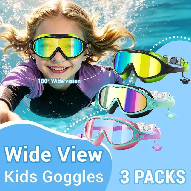 Alt view image 2 of 7 - Kids Swim Goggles, 3 Pack Swimming Goggles for Kids Boys Girls 3-15, Anti Fog UV Protection Waterproof Pool Goggles, Wide View Leak Proof Swim Goggles with Ear Plugs and Nose Clip