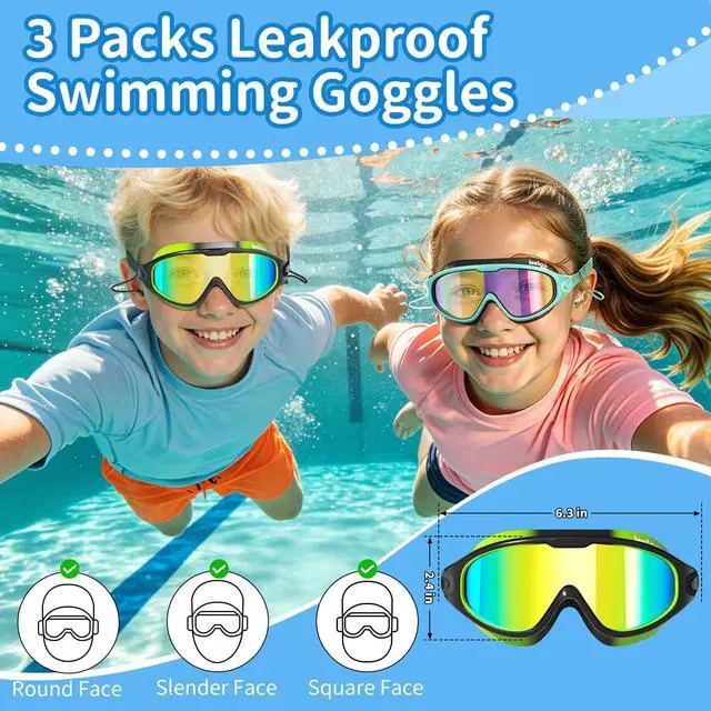 Alt view image 5 of 7 - Kids Swim Goggles, 3 Pack Swimming Goggles for Kids Boys Girls 3-15, Anti Fog UV Protection Waterproof Pool Goggles, Wide View Leak Proof Swim Goggles with Ear Plugs and Nose Clip