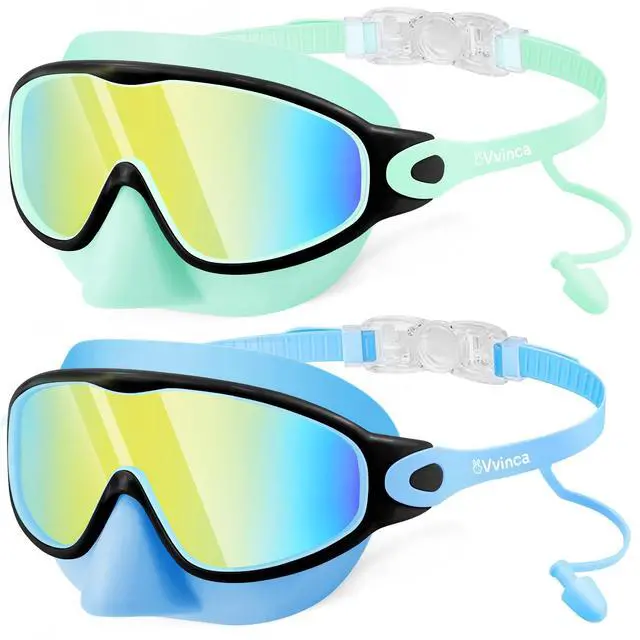 Main image of Kids Swim Goggles 2 Pack with Nose Cover and Attached Earplugs, Wide View Anti-Fog/UV Swimming Goggles for Age 3-12 Boys Girls, No Leak Pool Water Clear Swimming Goggle for Youth Toddler