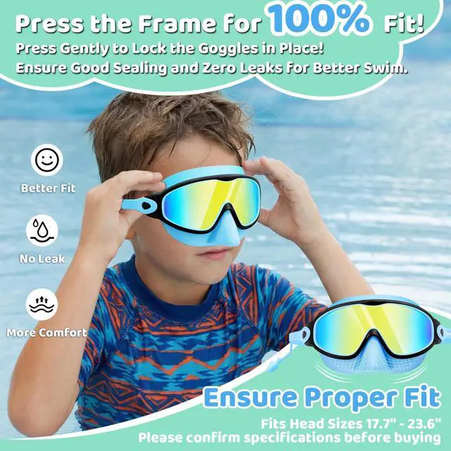 Alt view image 3 of 7 - Kids Swim Goggles 2 Pack with Nose Cover and Attached Earplugs, Wide View Anti-Fog/UV Swimming Goggles for Age 3-12 Boys Girls, No Leak Pool Water Clear Swimming Goggle for Youth Toddler