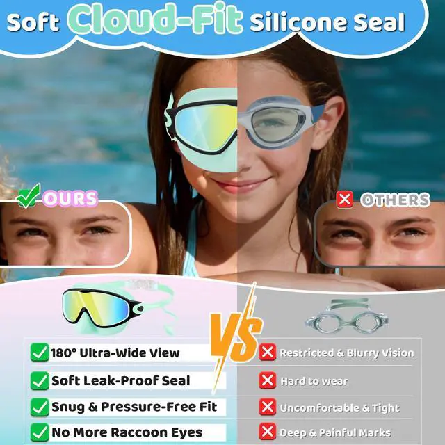 Alt view image 4 of 7 - Kids Swim Goggles 2 Pack with Nose Cover and Attached Earplugs, Wide View Anti-Fog/UV Swimming Goggles for Age 3-12 Boys Girls, No Leak Pool Water Clear Swimming Goggle for Youth Toddler